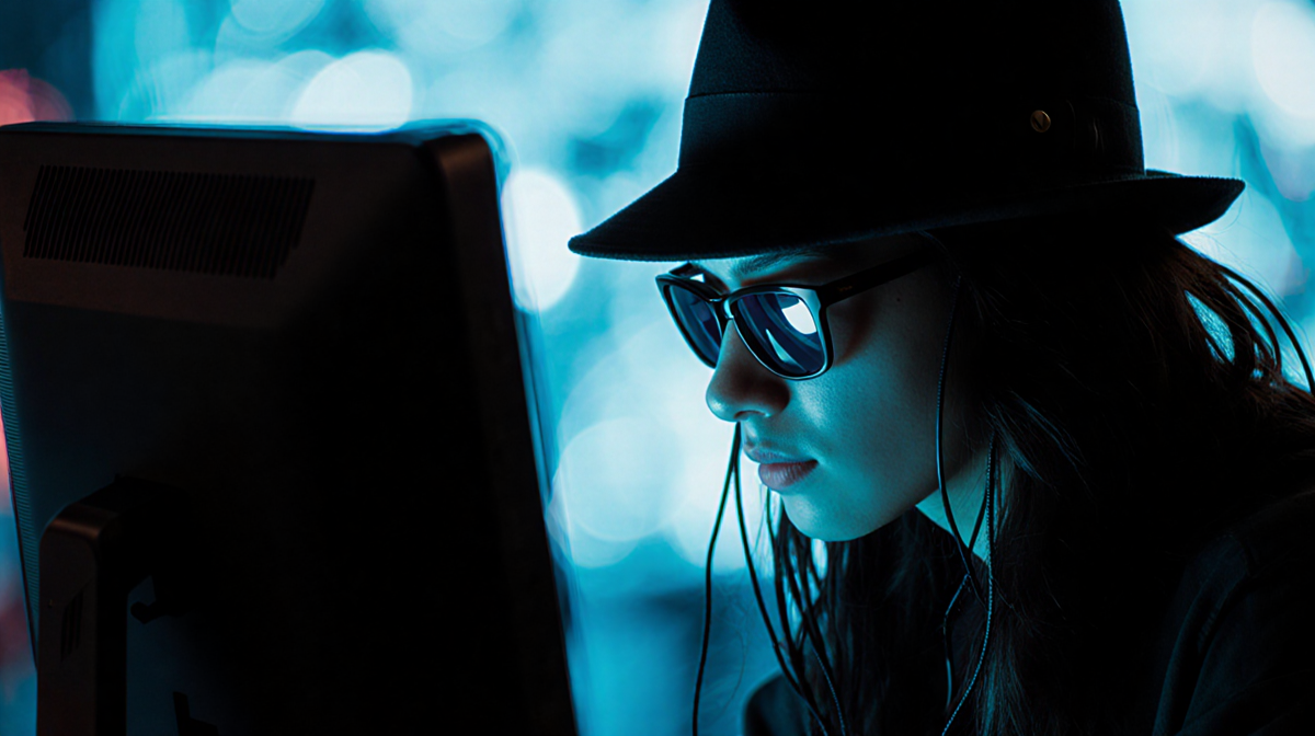 Person sitting in front of glowing screen with face hidden in shadows and tangled cables hinting at online anonymity.