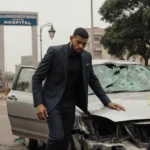 Anthony Joshua steps out of a wrecked car with police beside him and a blurred Lagos skyline showing a hospital entrance.