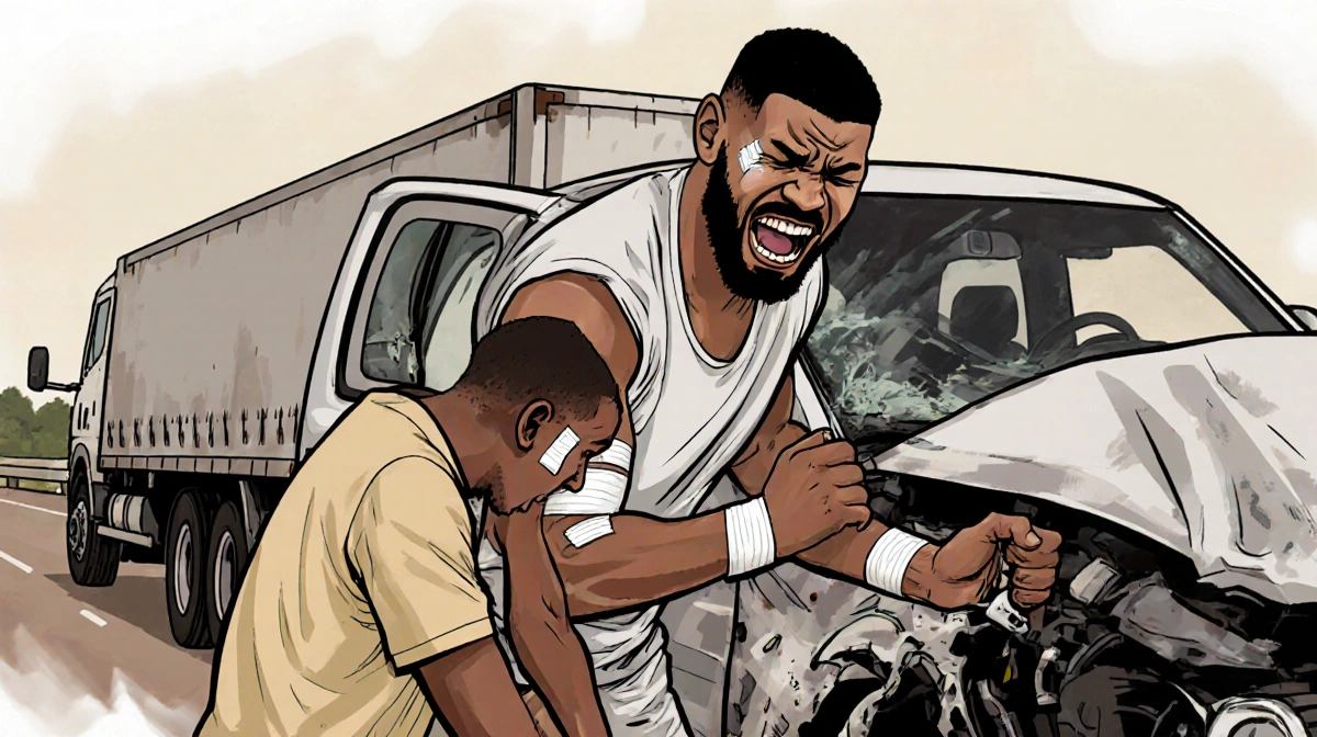 Anthony Joshua being lifted from a crashed vehicle with a bandaged arm and a broken truck in a blurred background