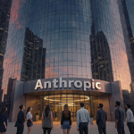 Young professionals looking up at a futuristic skyscraper with a sunset sky reflected in its glass and an Anthropic logo