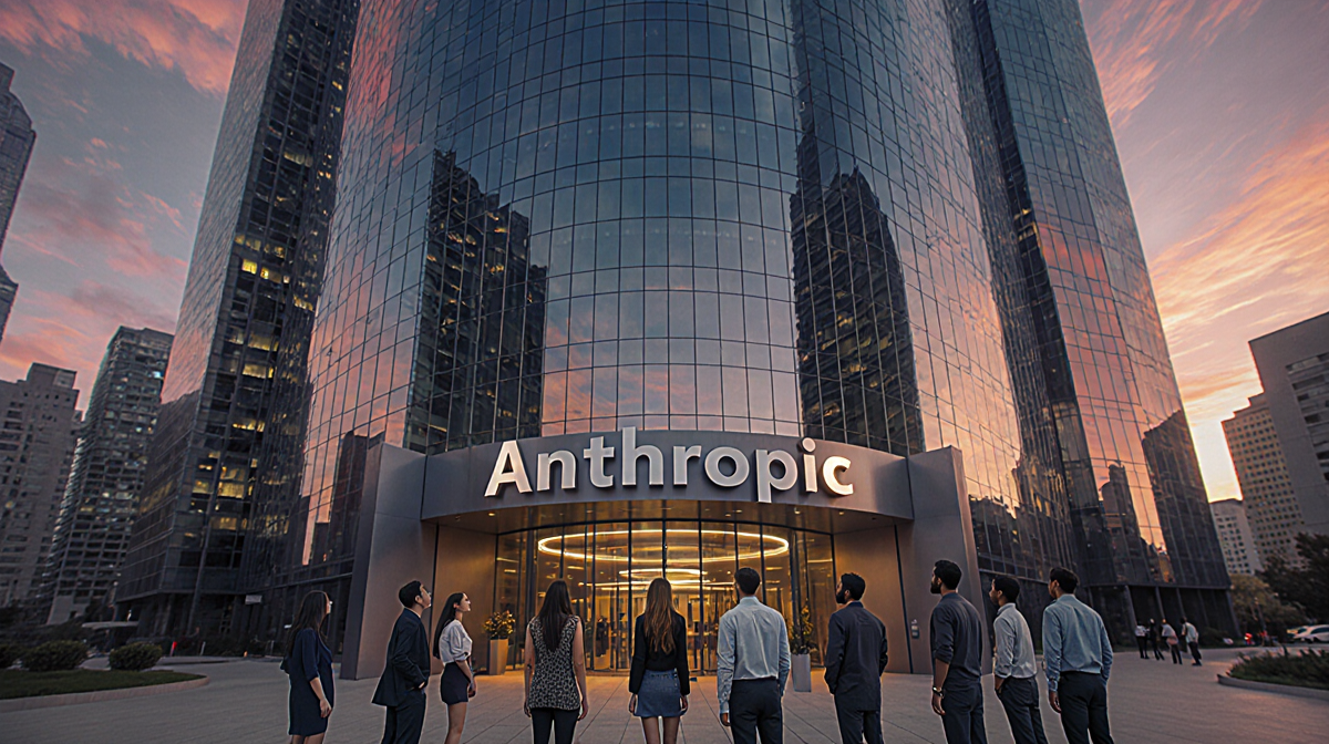 Young professionals looking up at a futuristic skyscraper with a sunset sky reflected in its glass and an Anthropic logo