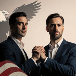 Anthropic and OpenAI CEOs clasp hands with calm determination and a subtle American flag near background