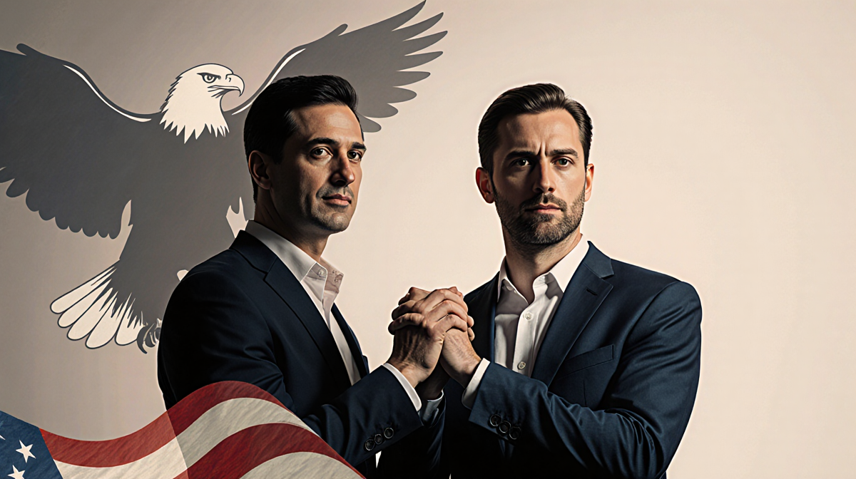 Anthropic and OpenAI CEOs clasp hands with calm determination and a subtle American flag near background