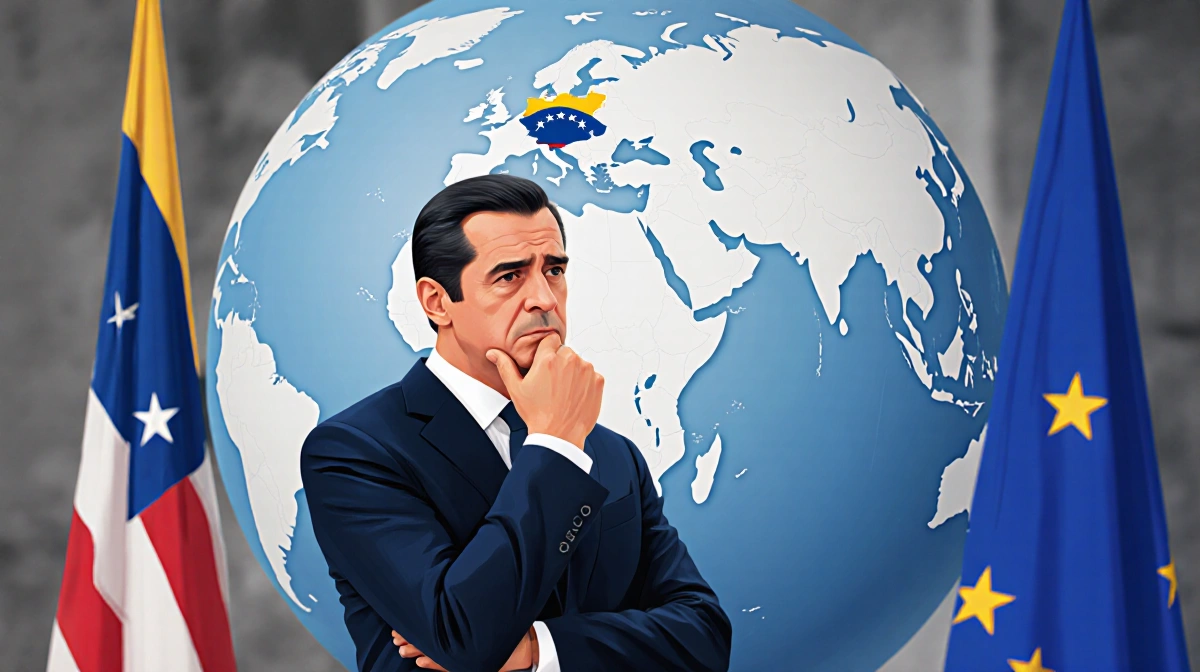 António Costa stands before a map highlighting Venezuela worried and a hand on his chin while a blurred EU flag appears.