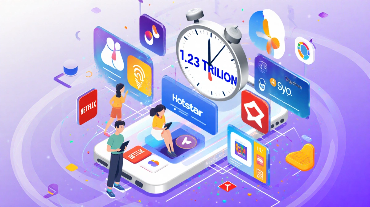 Users glued to colorful app screens with timer showing 1.23 trillion hours and streaming logos