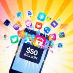 Mobile phone screen explodes with colorful app icons and graphics against bright sunny background with rising growth lines