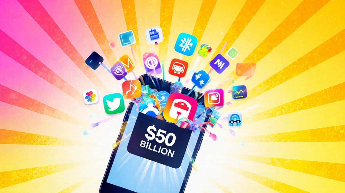 Mobile phone screen explodes with colorful app icons and graphics against bright sunny background with rising growth lines