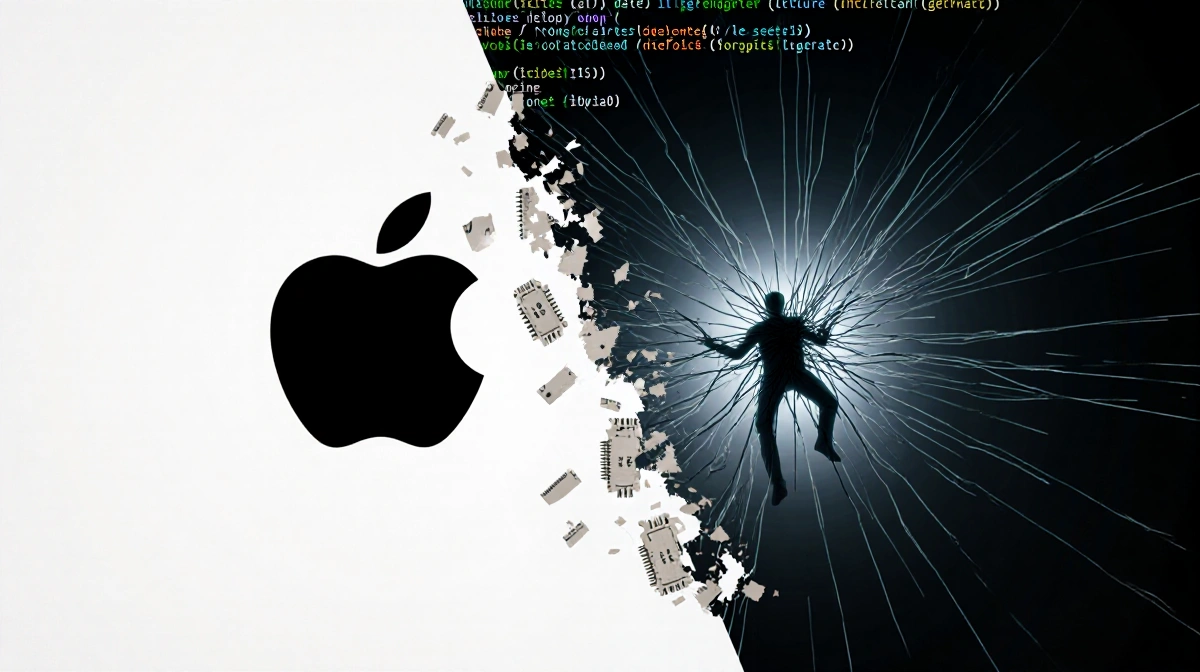 Split illustration contrasts Apple logo with fragmented circuits and trapped figure in wire web showing tech control conflict