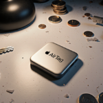 Apple AirTag sits on cluttered white desk with keys and coins scattered and warm lamp glow.