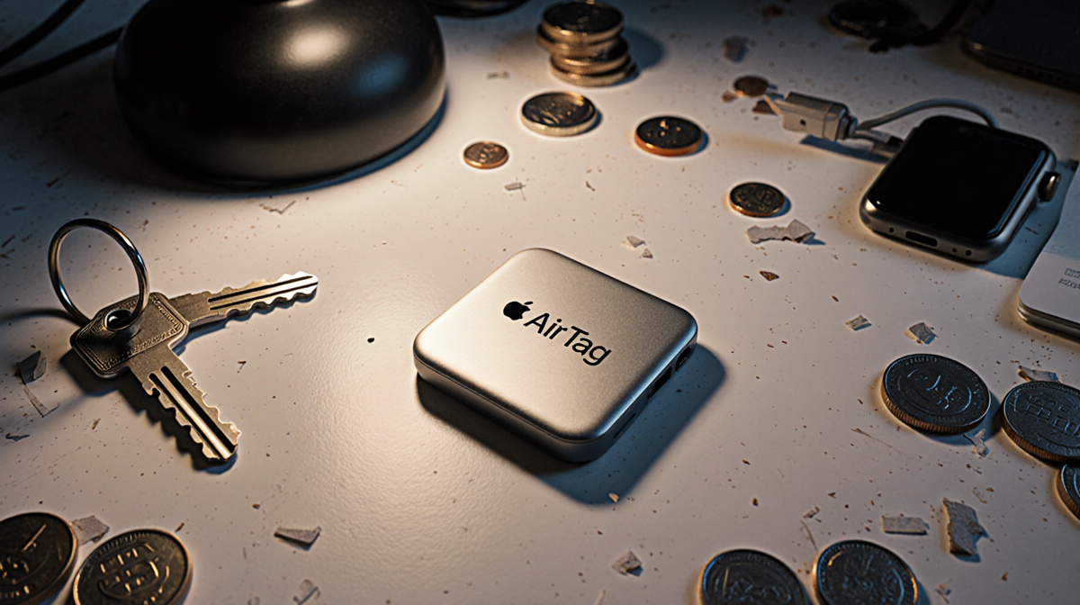Apple AirTag sits on cluttered white desk with keys and coins scattered and warm lamp glow.