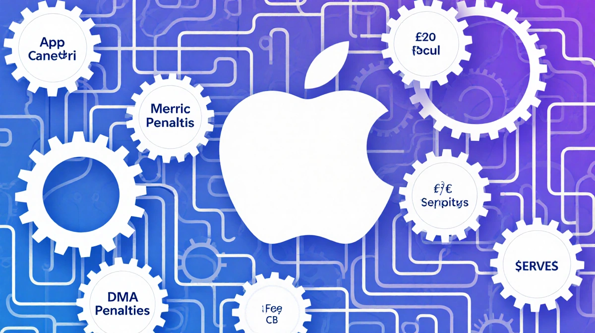 Interlocking gears rotate with fee labels and motion blur illustrating Apple's fee maze.