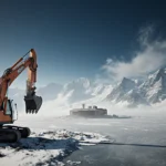 Orange excavator stands at frozen lake edge with snow-covered mountains and abandoned research station looming in mist