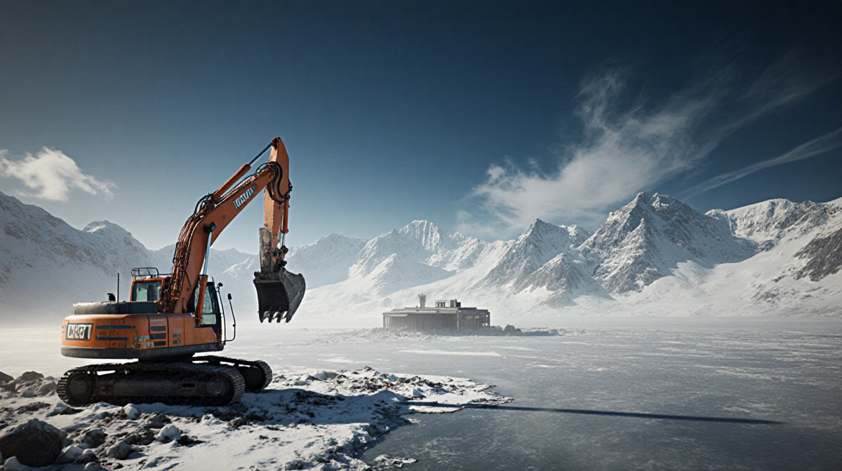 Orange excavator stands at frozen lake edge with snow-covered mountains and abandoned research station looming in mist