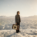 Musician gazing over snowy Arctic hill with warm golden light and guitar case featuring Heart of Gold