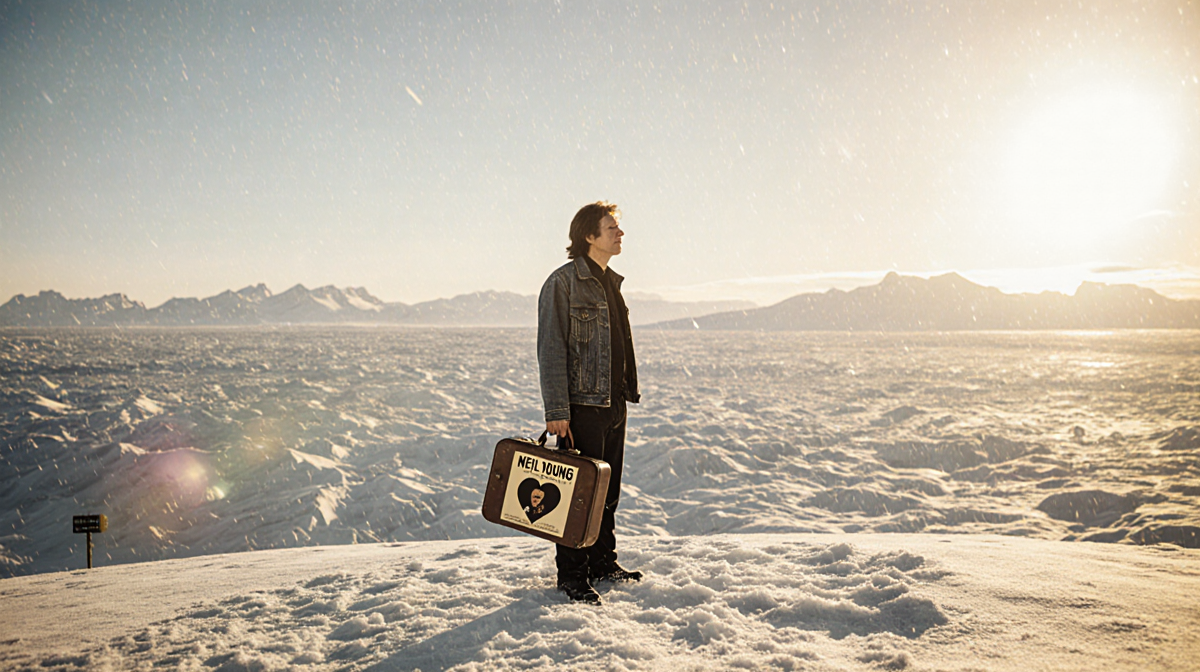 Musician gazing over snowy Arctic hill with warm golden light and guitar case featuring Heart of Gold