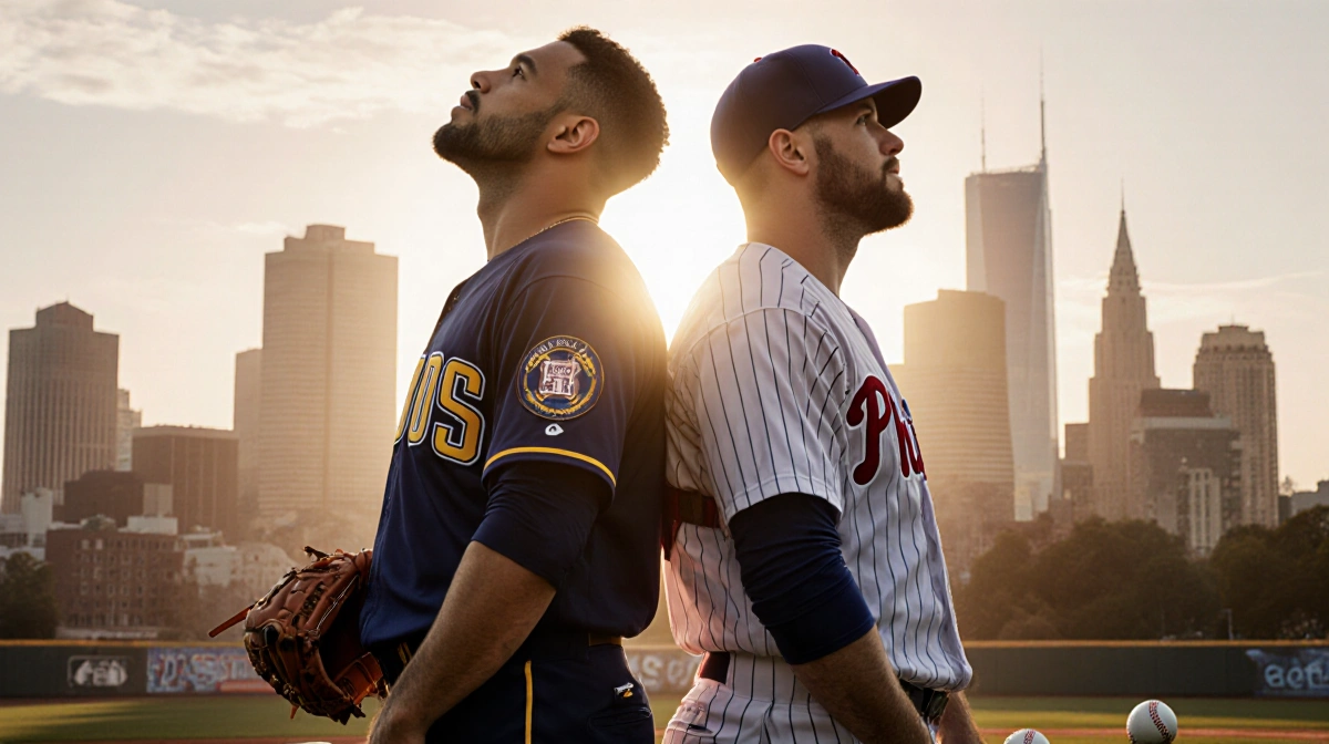 Luis Arráez and Harrison Bader stand back-to-back with baseball gloves and city skyline at sunset