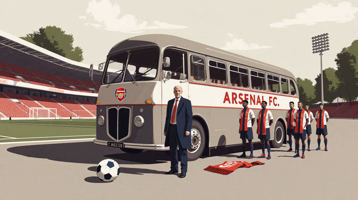 Arsenal football team arriving at Nottingham Forest stadium with team coach standing beside bus showing club name