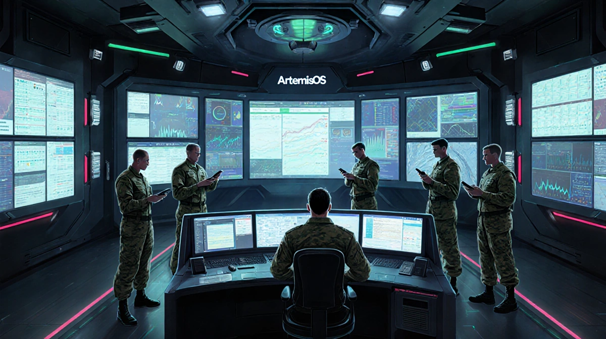 Military team monitoring multiple screens with ArtemisOS interface and holographic displays