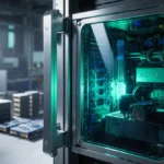 Metallic ASML machine with blue‑green LED and transparent panel revealing wires, blurred factory floor of GPU assembly behind