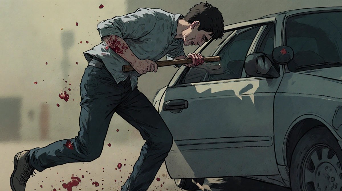 Young person clutching bruised arm with bloodstains while suspect flees with hand on car door