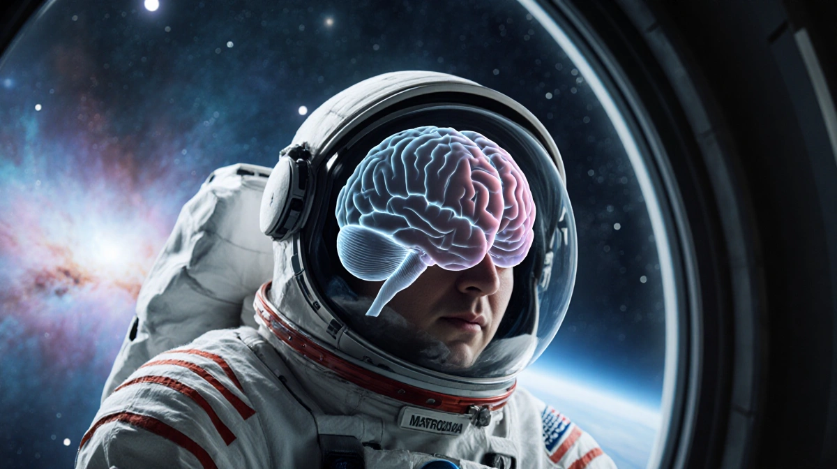 Astronaut floats weightlessly in space with brain scan overlay on face and starfield visible through window