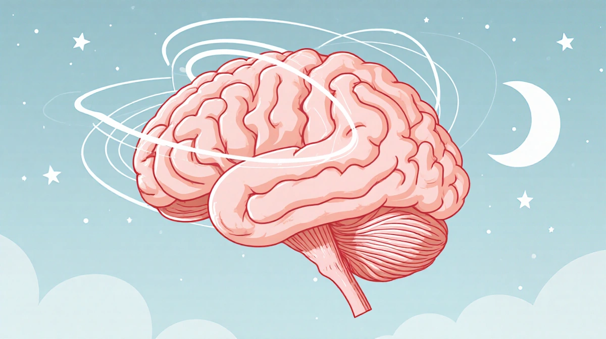 Brain with flowing waves from cortex showing sensory conflict zones and swirling balance centers with stars and moon behind