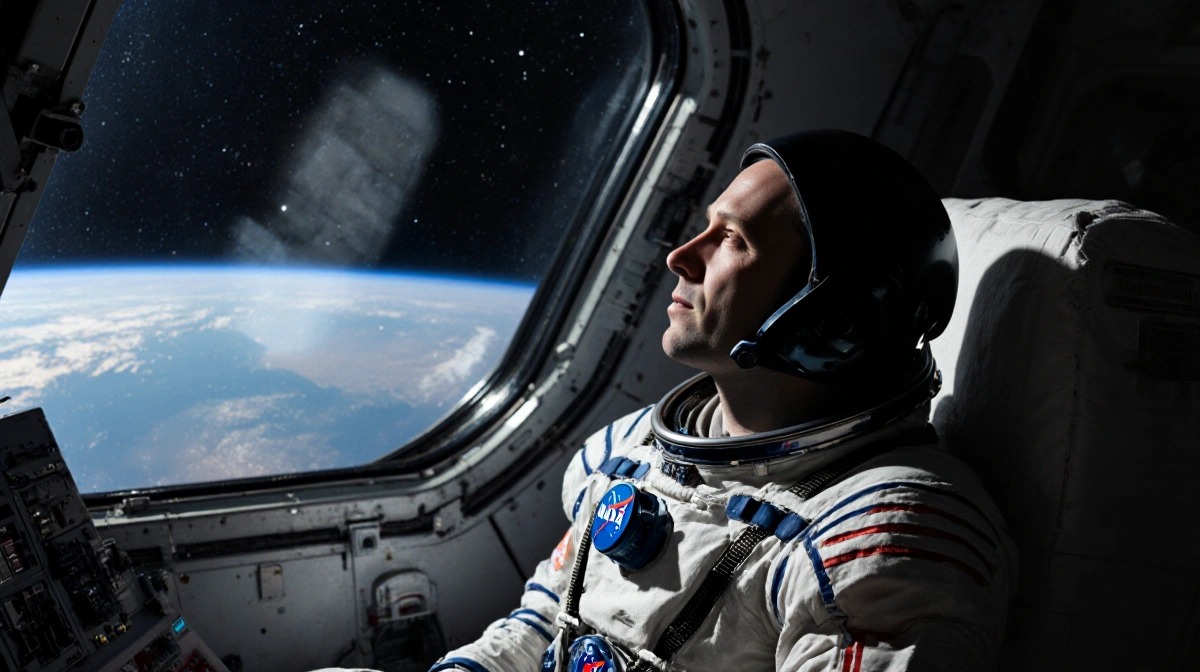 Astronaut gazes from space station window with exhausted relief and blue starlight illuminating their face