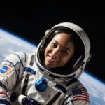 Astronaut Suni Williams floats in space with NASA spacesuit and American flag with Earth horizon glowing behind her