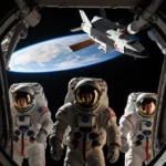 NASA astronauts exit space station airlock with Earth curvature visible above and SpaceX Starship docked nearby