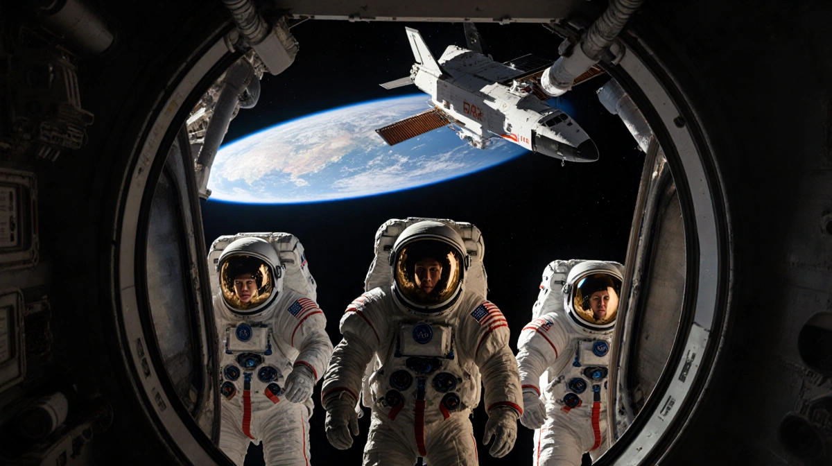 NASA astronauts exit space station airlock with Earth curvature visible above and SpaceX Starship docked nearby