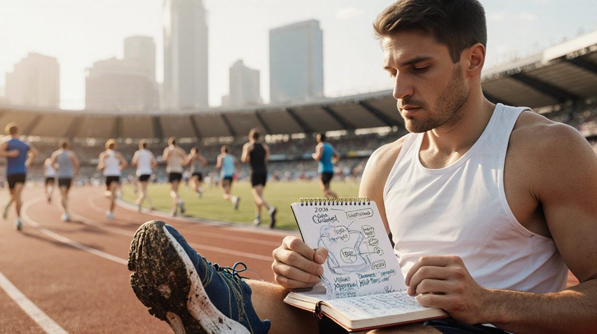 Athlete reflecting with journal and worn running shoes showing resilience and personal growth