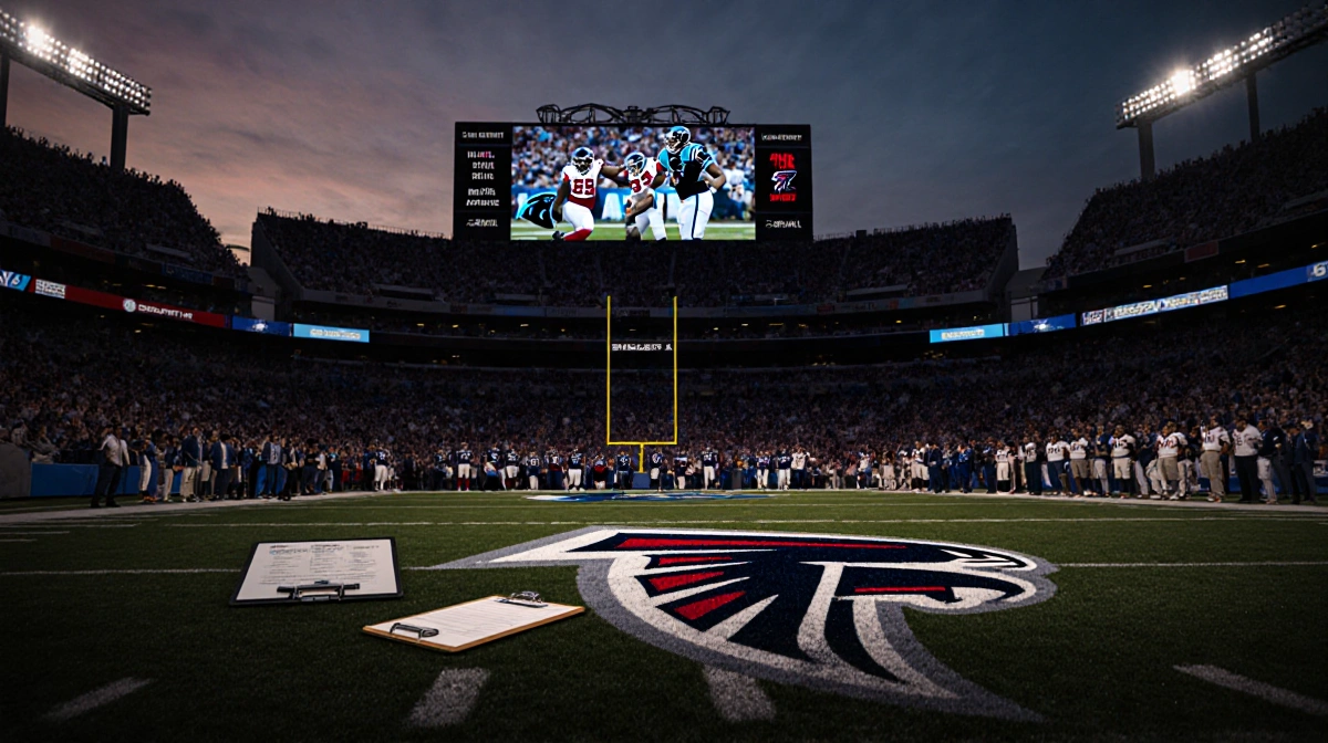 Fans gaze at split-screen replay of Falcons playoff loss with Falcons logo on field and abandoned clipboard on sideline