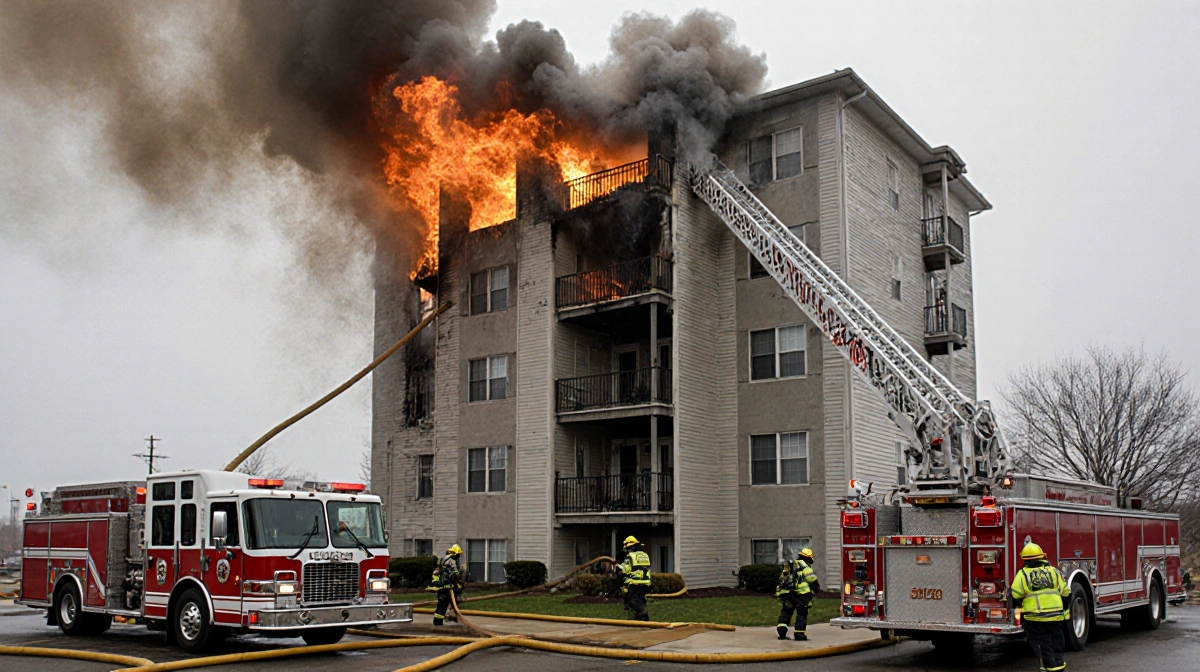 Firefighters battle high-rise fire with ladder trucks and hoses stretching into burning Atlantic City condo building