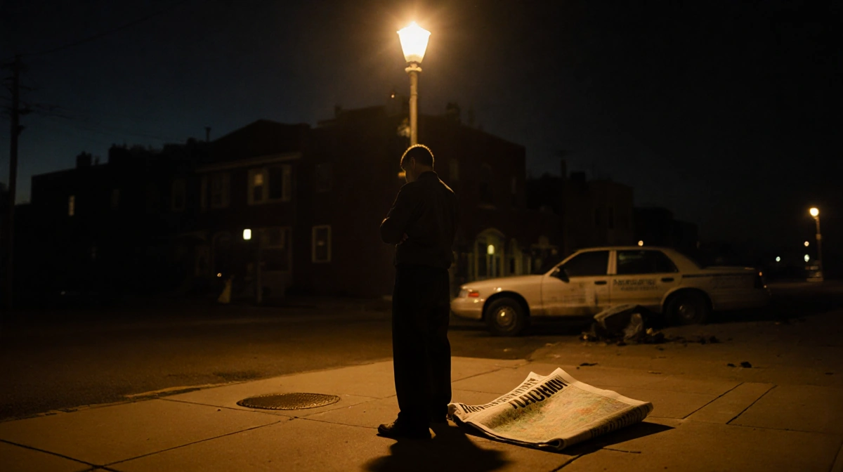 Person stands under flickering streetlight with city map and crashed car showing Atlantic City legal drama