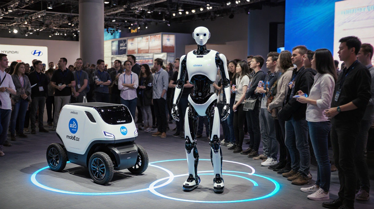 Atlas humanoid robot greeting visitors at Hyundai booth with MobEd cargo platform beside and crowd waiting