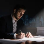 Austin Russell signing a subpoena with spotlight on his hands at desk surrounded by records and cityscape shadow