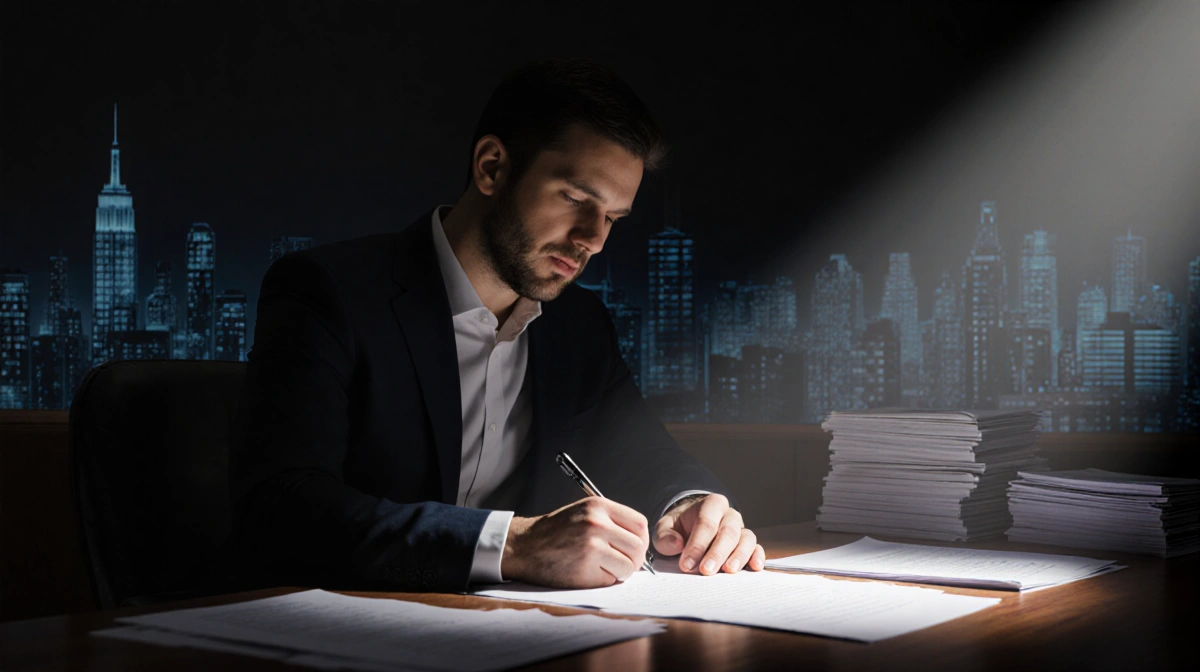 Austin Russell signing a subpoena with spotlight on his hands at desk surrounded by records and cityscape shadow