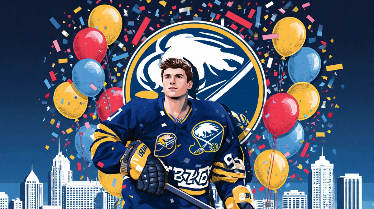 Auston Matthews stands proudly before Buffalo Sabres logo with hockey balloons celebrating draft history