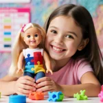 Young girl proudly holds autistic Barbie doll with sensory toys and colorful textured wall behind her