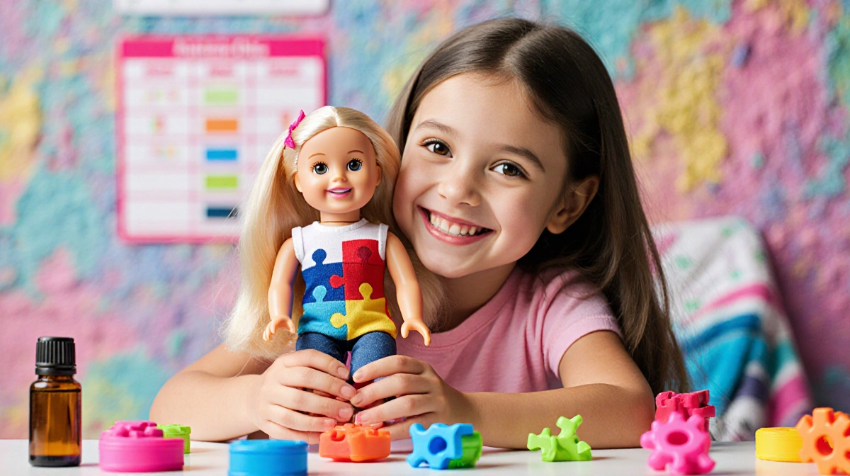 Young girl proudly holds autistic Barbie doll with sensory toys and colorful textured wall behind her