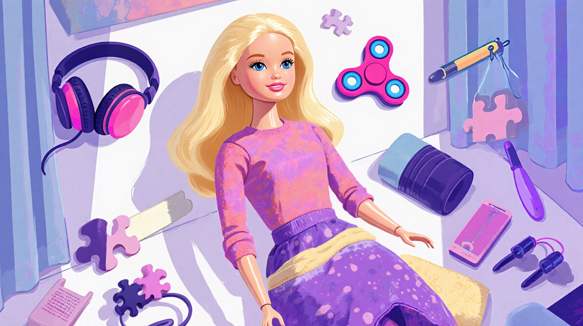 Autistic Barbie relaxes with weighted blanket and noise-canceling headphones while fidget spinner rests nearby