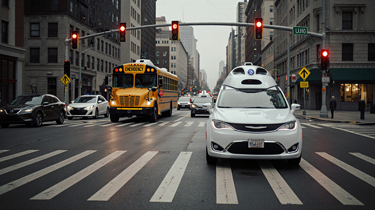 Self-driving car accelerating past school bus with emergency lights on and muted urban intersection.