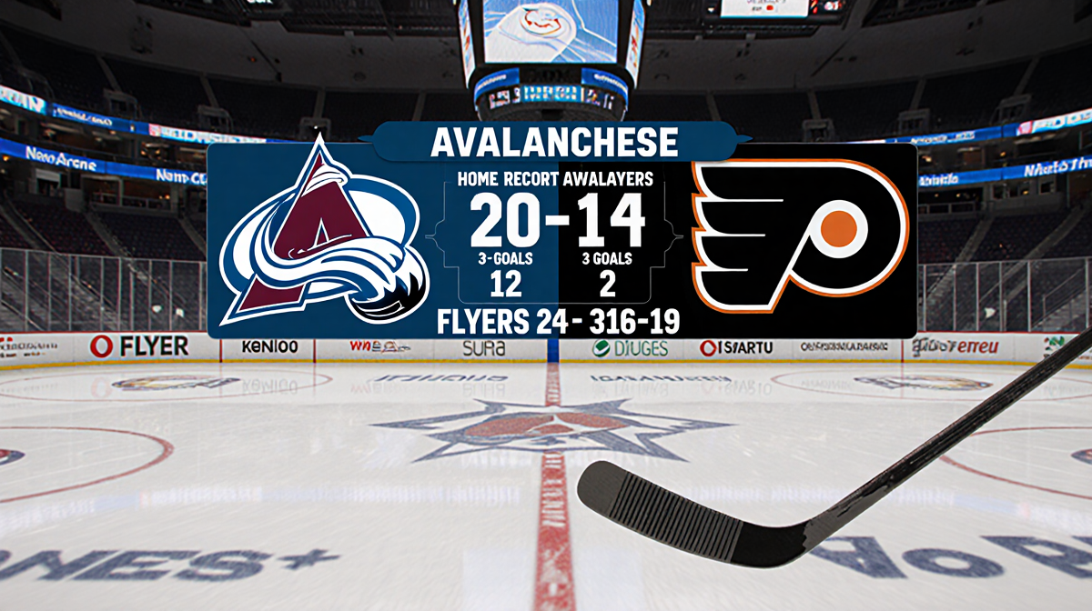 Scoreboard shows Avalanche record and graph with Flyers and Avalanche logos and a hockey stick.