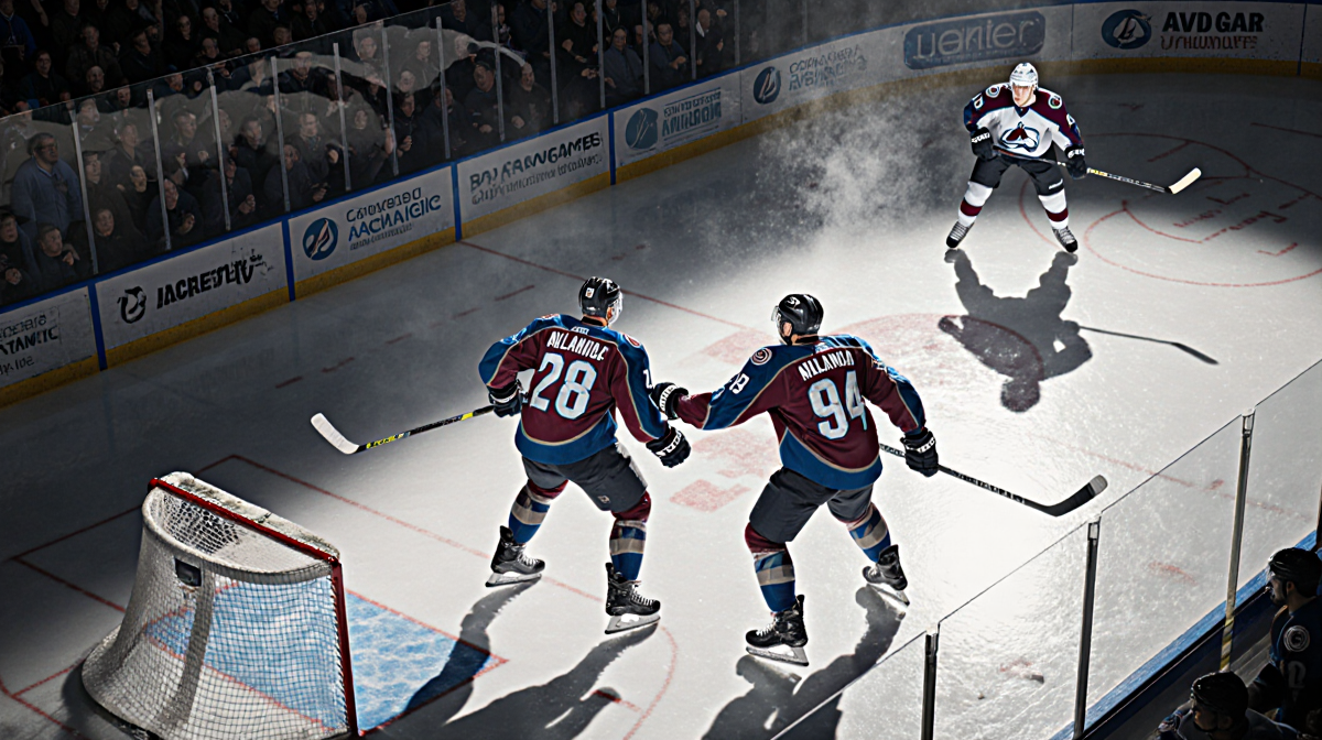 Avalanche hockey players react to a goal with skates and sticks outstretched lights illuminate the ice as players freeze in s