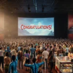 Avatar fans celebrate at crowded theater with congratulations banner and excited moviegoers in costume