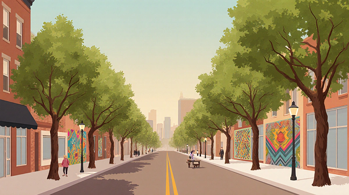 Tree-lined Avenue of the Arts boulevard welcomes pedestrians with wide sidewalks and public art under warm earthy sky