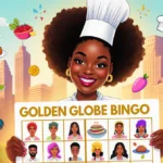 Ayo Edebiri holding Golden Globe Bingo card with Chicago skyline and chef hats celebrating The Bear