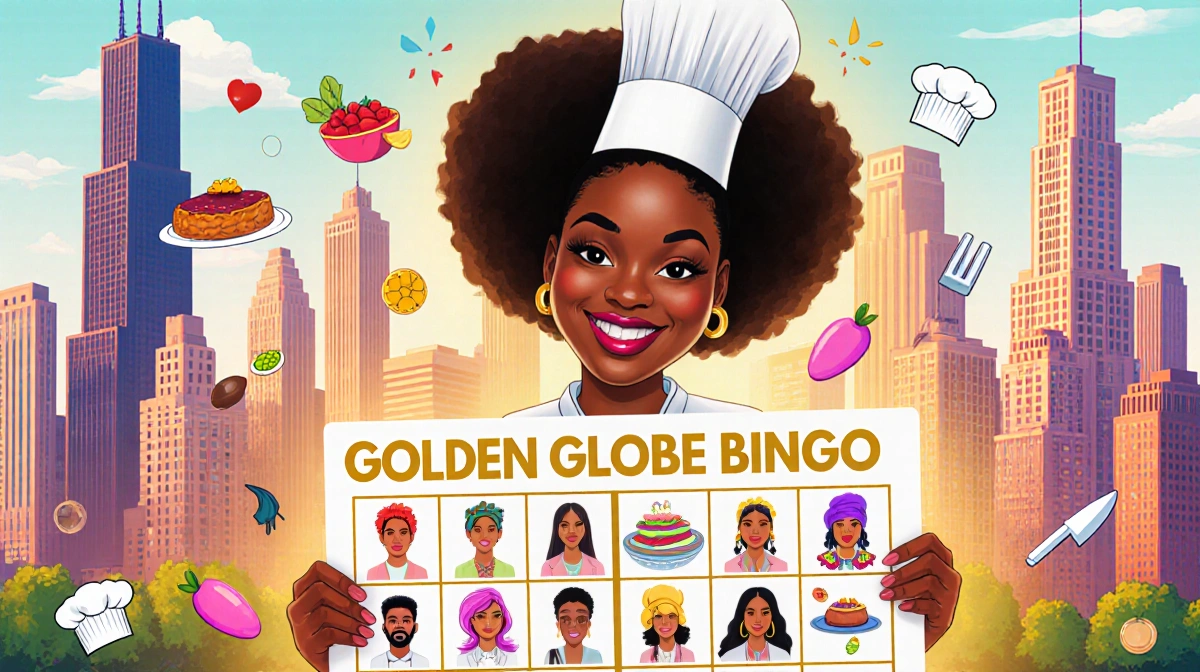 Ayo Edebiri holding Golden Globe Bingo card with Chicago skyline and chef hats celebrating The Bear