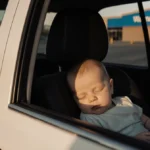 Sleeping baby in car seat with window cracked open and Walmart parking lot in background