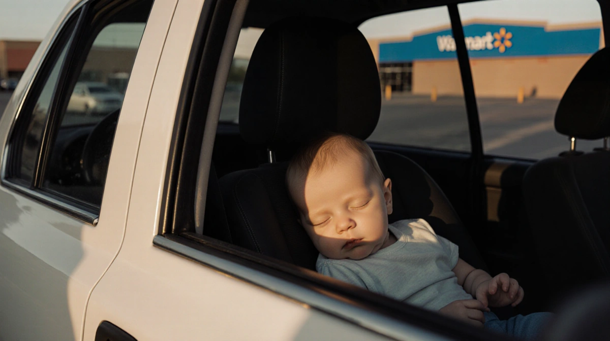 Sleeping baby in car seat with window cracked open and Walmart parking lot in background